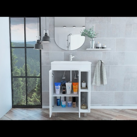 Tuhome 24 in. Meka Vanity, Two External Shelves, Double Door Cabinet, White MLB5610